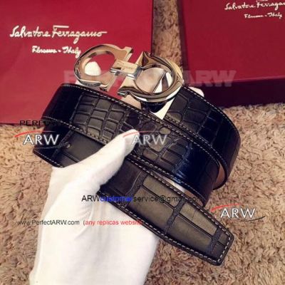 Perfect Replica Salvatoye Ferragamo Black Belt White Back With Stainless Steel Buckle